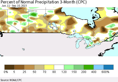 Canada Percent of Normal Precipitation 3-Month (CPC) Thematic Map For 6/11/2023 - 9/10/2023