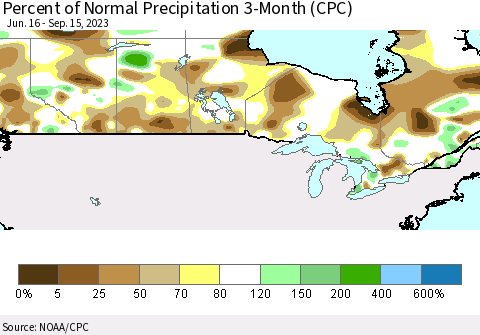 Canada Percent of Normal Precipitation 3-Month (CPC) Thematic Map For 6/16/2023 - 9/15/2023