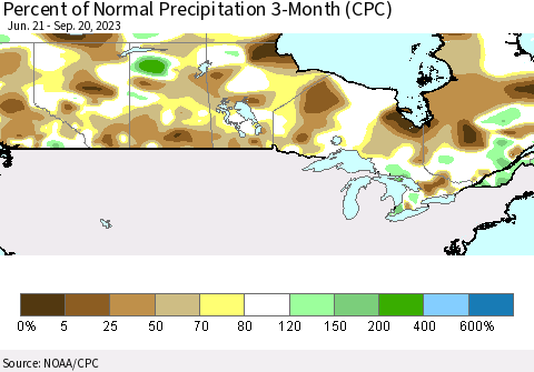 Canada Percent of Normal Precipitation 3-Month (CPC) Thematic Map For 6/21/2023 - 9/20/2023