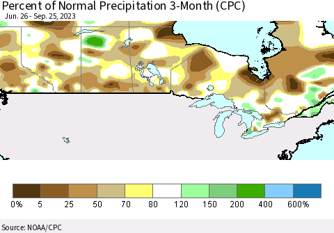 Canada Percent of Normal Precipitation 3-Month (CPC) Thematic Map For 6/26/2023 - 9/25/2023