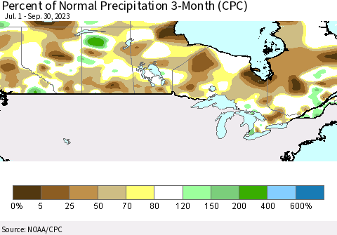 Canada Percent of Normal Precipitation 3-Month (CPC) Thematic Map For 7/1/2023 - 9/30/2023