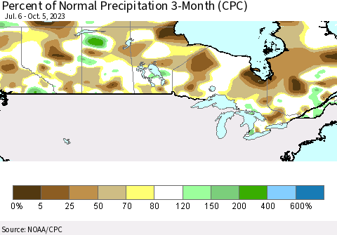 Canada Percent of Normal Precipitation 3-Month (CPC) Thematic Map For 7/6/2023 - 10/5/2023