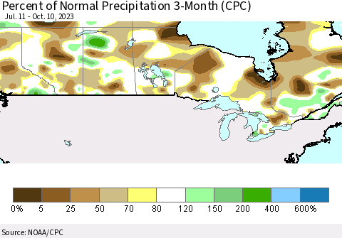 Canada Percent of Normal Precipitation 3-Month (CPC) Thematic Map For 7/11/2023 - 10/10/2023