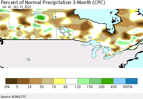Canada Percent of Normal Precipitation 3-Month (CPC) Thematic Map For 7/16/2023 - 10/15/2023