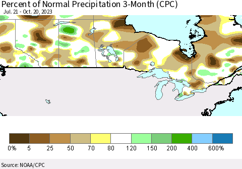 Canada Percent of Normal Precipitation 3-Month (CPC) Thematic Map For 7/21/2023 - 10/20/2023