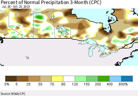 Canada Percent of Normal Precipitation 3-Month (CPC) Thematic Map For 7/26/2023 - 10/25/2023
