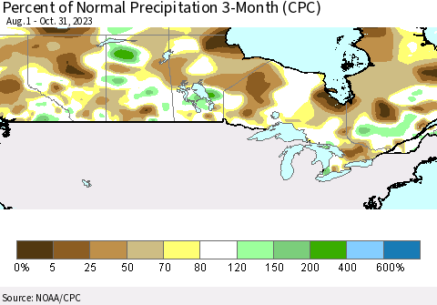 Canada Percent of Normal Precipitation 3-Month (CPC) Thematic Map For 8/1/2023 - 10/31/2023