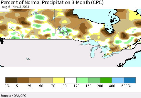 Canada Percent of Normal Precipitation 3-Month (CPC) Thematic Map For 8/6/2023 - 11/5/2023
