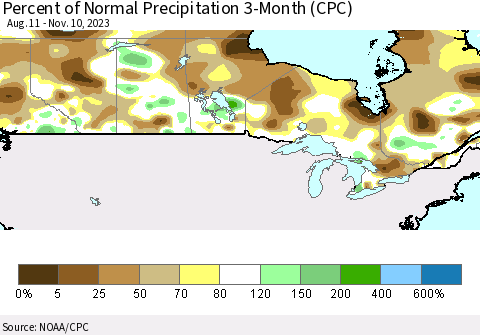 Canada Percent of Normal Precipitation 3-Month (CPC) Thematic Map For 8/11/2023 - 11/10/2023