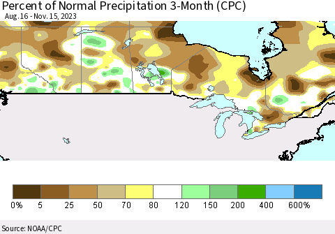 Canada Percent of Normal Precipitation 3-Month (CPC) Thematic Map For 8/16/2023 - 11/15/2023