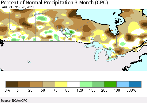 Canada Percent of Normal Precipitation 3-Month (CPC) Thematic Map For 8/21/2023 - 11/20/2023