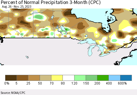 Canada Percent of Normal Precipitation 3-Month (CPC) Thematic Map For 8/26/2023 - 11/25/2023