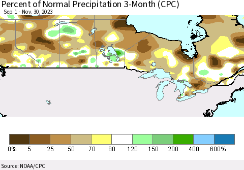 Canada Percent of Normal Precipitation 3-Month (CPC) Thematic Map For 9/1/2023 - 11/30/2023