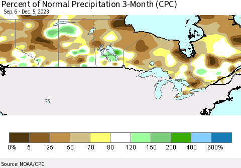 Canada Percent of Normal Precipitation 3-Month (CPC) Thematic Map For 9/6/2023 - 12/5/2023