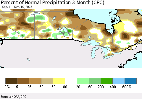 Canada Percent of Normal Precipitation 3-Month (CPC) Thematic Map For 9/11/2023 - 12/10/2023
