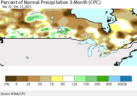 Canada Percent of Normal Precipitation 3-Month (CPC) Thematic Map For 9/16/2023 - 12/15/2023