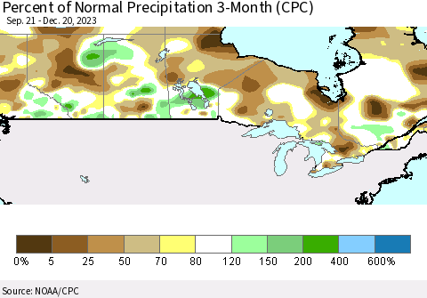 Canada Percent of Normal Precipitation 3-Month (CPC) Thematic Map For 9/21/2023 - 12/20/2023