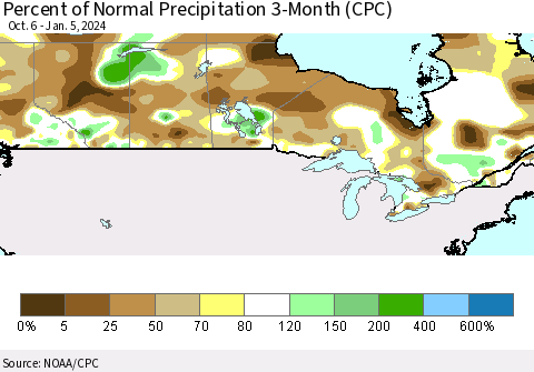 Canada Percent of Normal Precipitation 3-Month (CPC) Thematic Map For 10/6/2023 - 1/5/2024