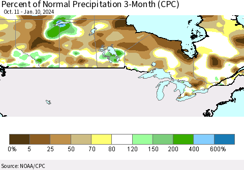 Canada Percent of Normal Precipitation 3-Month (CPC) Thematic Map For 10/11/2023 - 1/10/2024