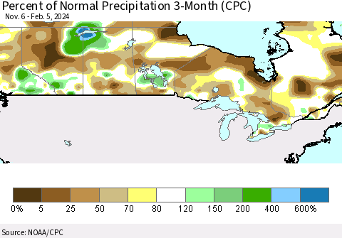 Canada Percent of Normal Precipitation 3-Month (CPC) Thematic Map For 11/6/2023 - 2/5/2024