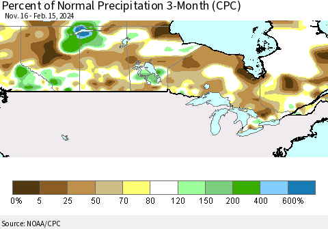 Canada Percent of Normal Precipitation 3-Month (CPC) Thematic Map For 11/16/2023 - 2/15/2024
