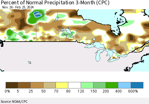 Canada Percent of Normal Precipitation 3-Month (CPC) Thematic Map For 11/26/2023 - 2/25/2024