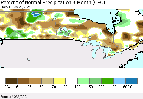 Canada Percent of Normal Precipitation 3-Month (CPC) Thematic Map For 12/1/2023 - 2/29/2024