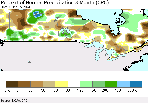 Canada Percent of Normal Precipitation 3-Month (CPC) Thematic Map For 12/6/2023 - 3/5/2024