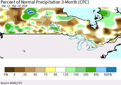 Canada Percent of Normal Precipitation 3-Month (CPC) Thematic Map For 12/11/2023 - 3/10/2024