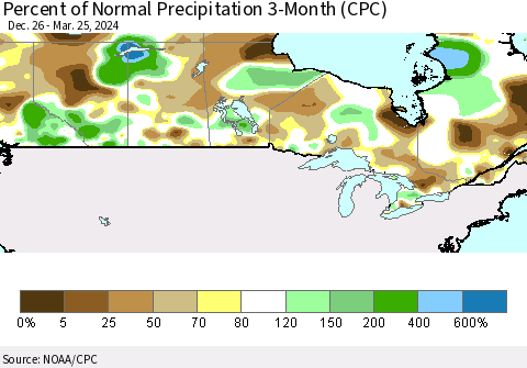 Canada Percent of Normal Precipitation 3-Month (CPC) Thematic Map For 12/26/2023 - 3/25/2024