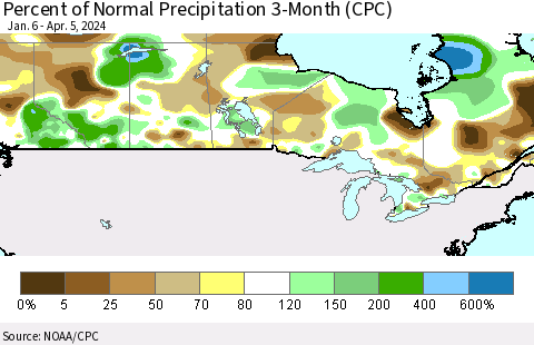 Canada Percent of Normal Precipitation 3-Month (CPC) Thematic Map For 1/6/2024 - 4/5/2024