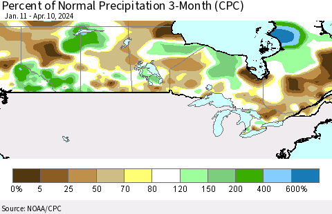 Canada Percent of Normal Precipitation 3-Month (CPC) Thematic Map For 1/11/2024 - 4/10/2024