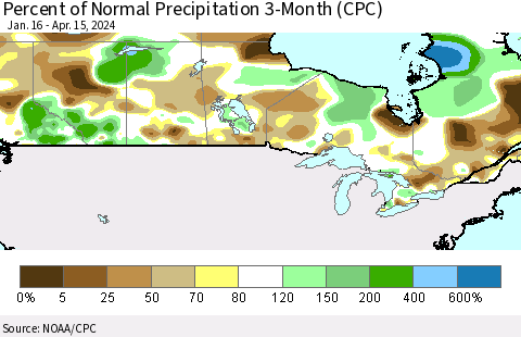 Canada Percent of Normal Precipitation 3-Month (CPC) Thematic Map For 1/16/2024 - 4/15/2024