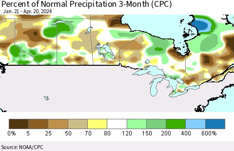 Canada Percent of Normal Precipitation 3-Month (CPC) Thematic Map For 1/21/2024 - 4/20/2024