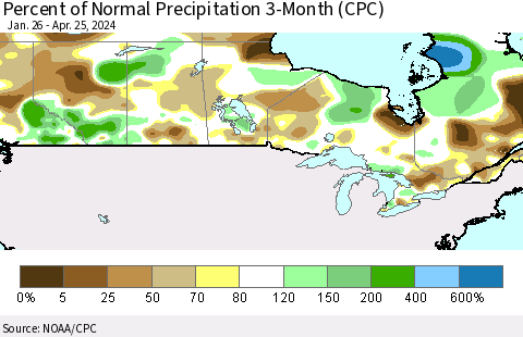 Canada Percent of Normal Precipitation 3-Month (CPC) Thematic Map For 1/26/2024 - 4/25/2024