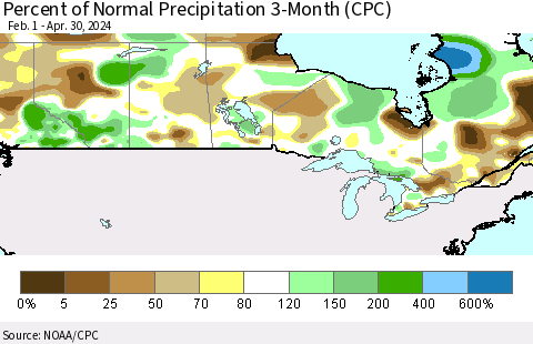 Canada Percent of Normal Precipitation 3-Month (CPC) Thematic Map For 2/1/2024 - 4/30/2024