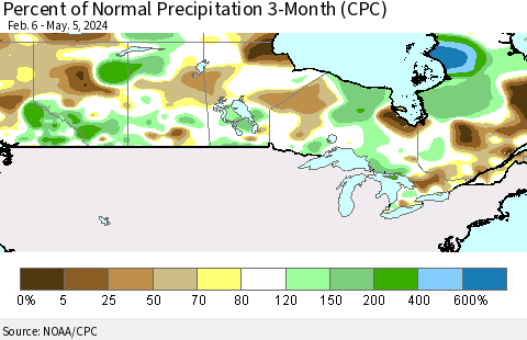 Canada Percent of Normal Precipitation 3-Month (CPC) Thematic Map For 2/6/2024 - 5/5/2024