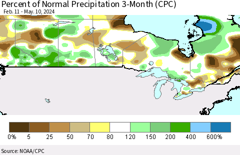 Canada Percent of Normal Precipitation 3-Month (CPC) Thematic Map For 2/11/2024 - 5/10/2024