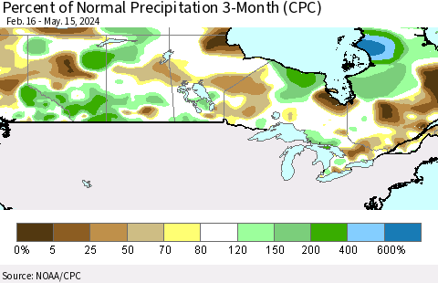 Canada Percent of Normal Precipitation 3-Month (CPC) Thematic Map For 2/16/2024 - 5/15/2024