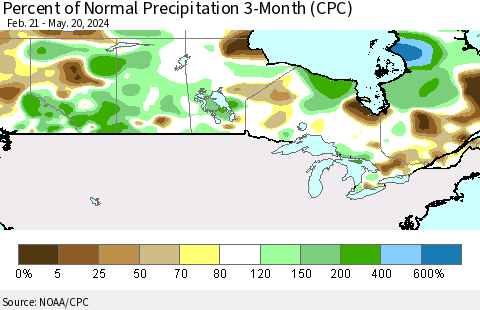 Canada Percent of Normal Precipitation 3-Month (CPC) Thematic Map For 2/21/2024 - 5/20/2024