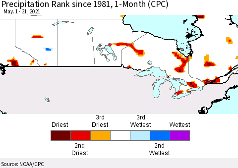 Canada Precipitation Rank since 1981, 1-Month (CPC) Thematic Map For 5/1/2021 - 5/31/2021