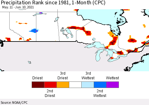 Canada Precipitation Rank since 1981, 1-Month (CPC) Thematic Map For 5/11/2021 - 6/10/2021