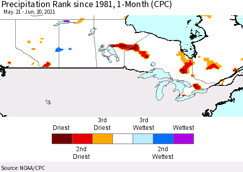 Canada Precipitation Rank since 1981, 1-Month (CPC) Thematic Map For 5/21/2021 - 6/20/2021