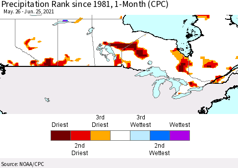 Canada Precipitation Rank since 1981, 1-Month (CPC) Thematic Map For 5/26/2021 - 6/25/2021