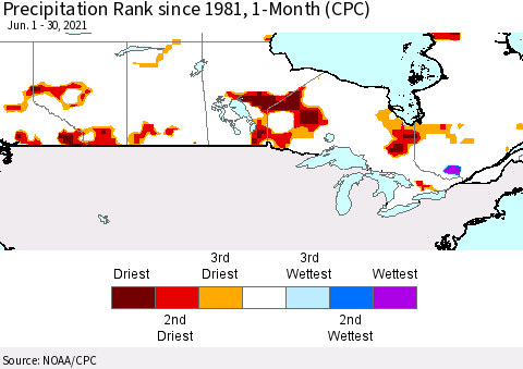 Canada Precipitation Rank since 1981, 1-Month (CPC) Thematic Map For 6/1/2021 - 6/30/2021