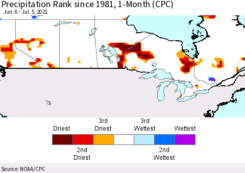 Canada Precipitation Rank since 1981, 1-Month (CPC) Thematic Map For 6/6/2021 - 7/5/2021