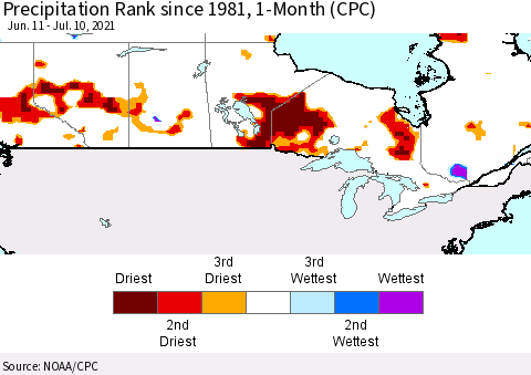 Canada Precipitation Rank since 1981, 1-Month (CPC) Thematic Map For 6/11/2021 - 7/10/2021