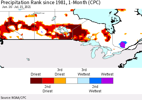 Canada Precipitation Rank since 1981, 1-Month (CPC) Thematic Map For 6/16/2021 - 7/15/2021