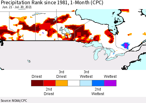 Canada Precipitation Rank since 1981, 1-Month (CPC) Thematic Map For 6/21/2021 - 7/20/2021