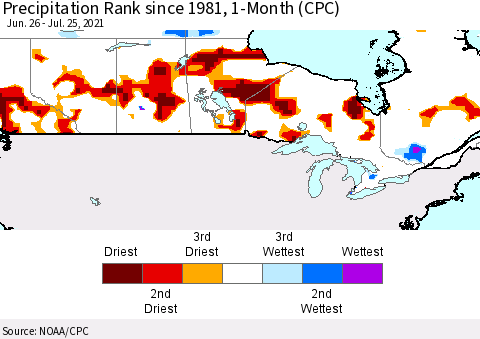 Canada Precipitation Rank since 1981, 1-Month (CPC) Thematic Map For 6/26/2021 - 7/25/2021